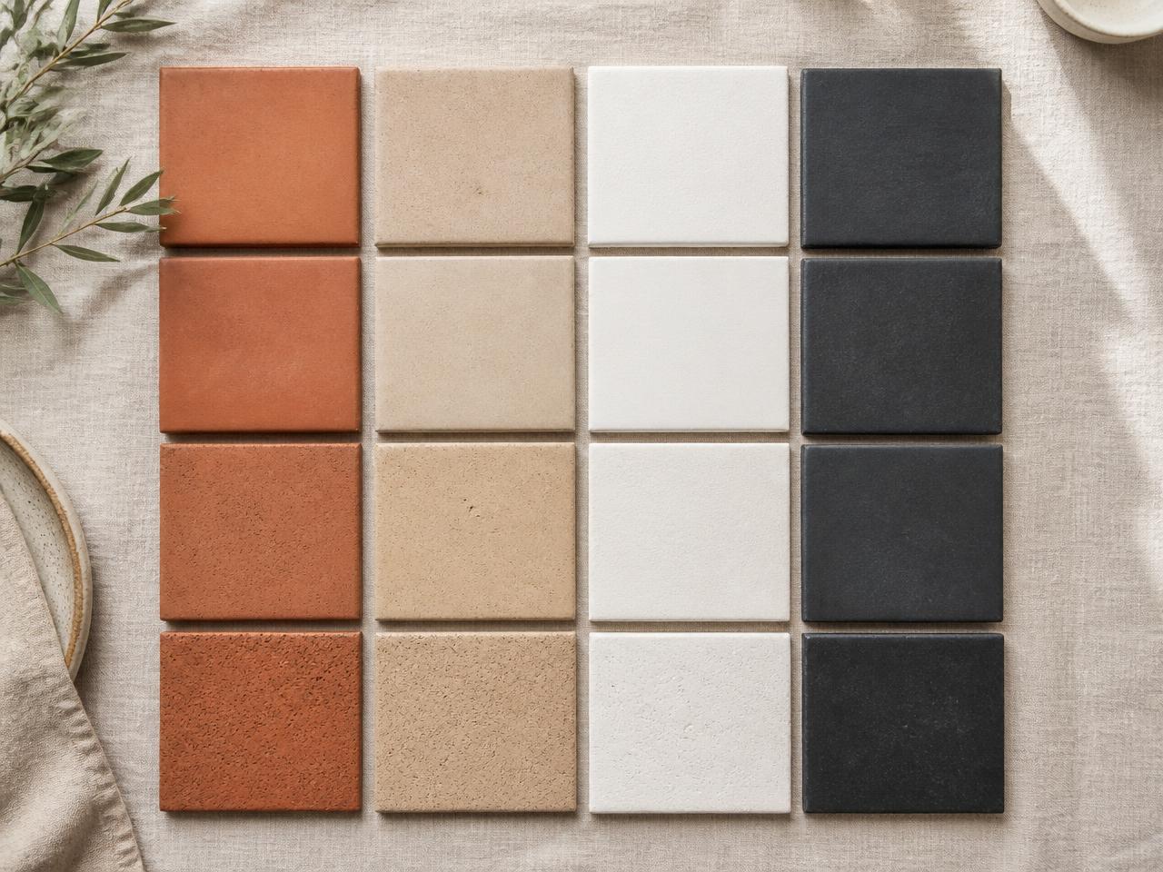 Échantillons de carrelage en terre cuite, beige, blanc et anthracite